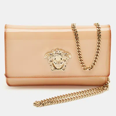 Pre-owned Versace Peach Patent Leather Medusa Chain Shoulder Bag In Orange