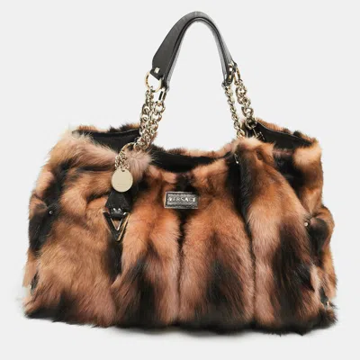 Pre-owned Versace Peach/choco Brown Fur And Leather Charm Chain Tote