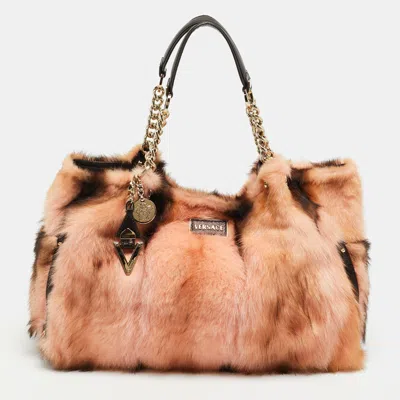 Pre-owned Versace Peach/choco Brown Fur And Leather Charm Chain Tote In Orange
