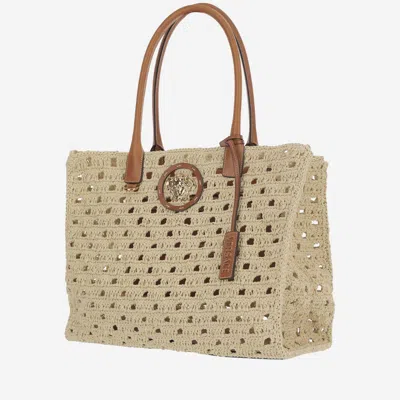 Versace Perforated Cotton Canvas Tote Bag In Beige
