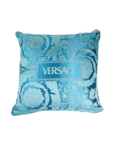 Versace Pillow Or Pillow Case Azure Size - Silk, Linen In Blue