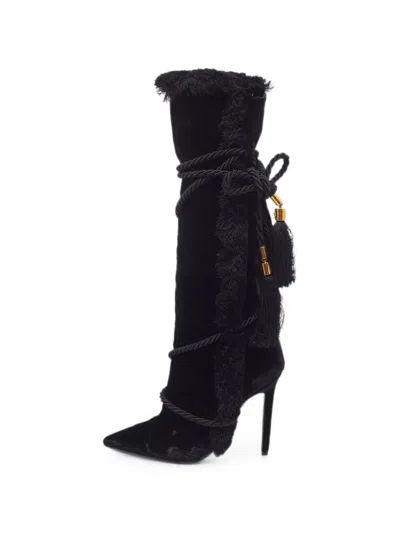 Pre-owned Versace Pillow Talk Fringe-trim Boots In Black
