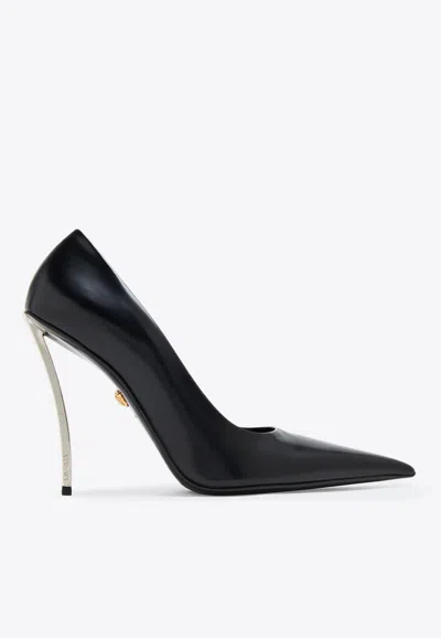 Versace Pin Point 110 Calf Leather Pumps In Black