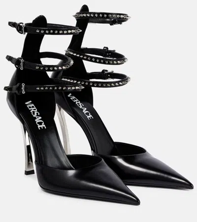 Versace Pin-point Embellished Leather Pumps In Nero-palladio Lucido