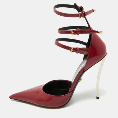 Pre-owned Versace Pin-point Size 40 Burgundy Brushed Leather Ankle Strap Pumps