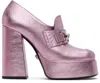 Versace Block Heel Loafers With Platform Sole And Square Toe In 1po6p Baby Pink New