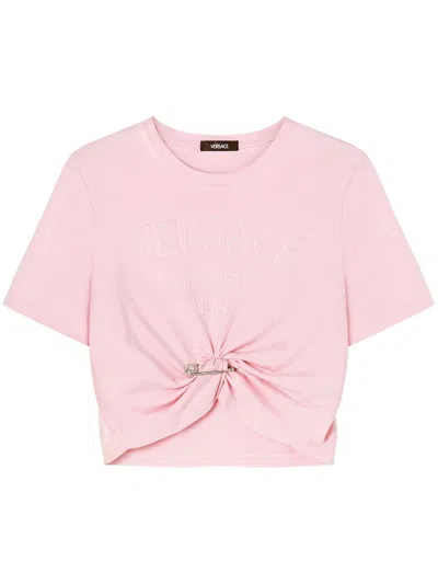 VERSACE PINK AND PURPLE COTTON CROPPED T-SHIRT FOR WOMEN