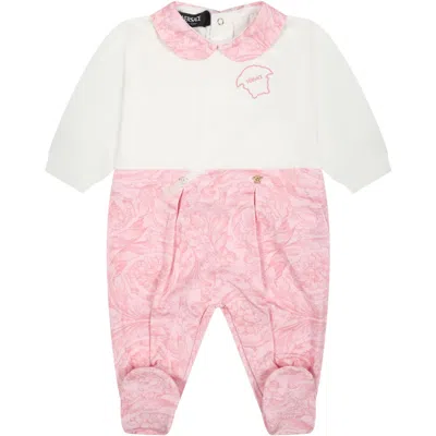 Versace Pink Baby Jumpsuit With Baroque Print In White