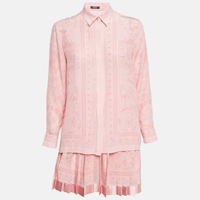 Pre-owned Versace Pink Barocco Print Silk Shirt And Skirt Set S