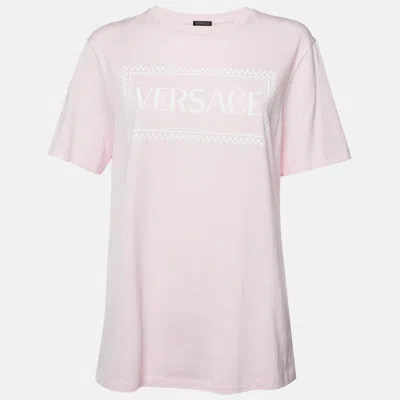 Pre-owned Versace Pink Box Logo Print Cotton Crew Neck T-shirt L