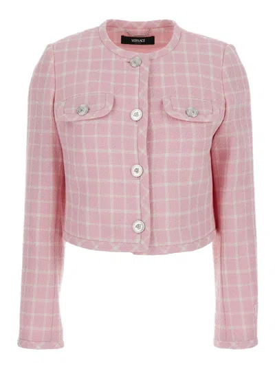VERSACE PINK CHECKED TWEED JACKET WITH MEDUSA HEAD BUTTONS IN WOOL BLEND WOMAN