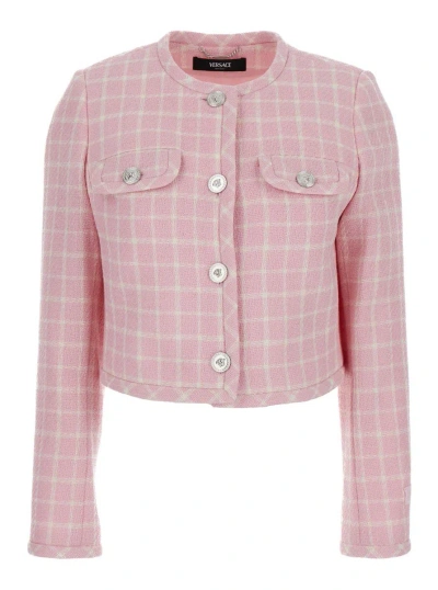 Versace Medusa Head-buttons Checked Cropped Jacket In Pink