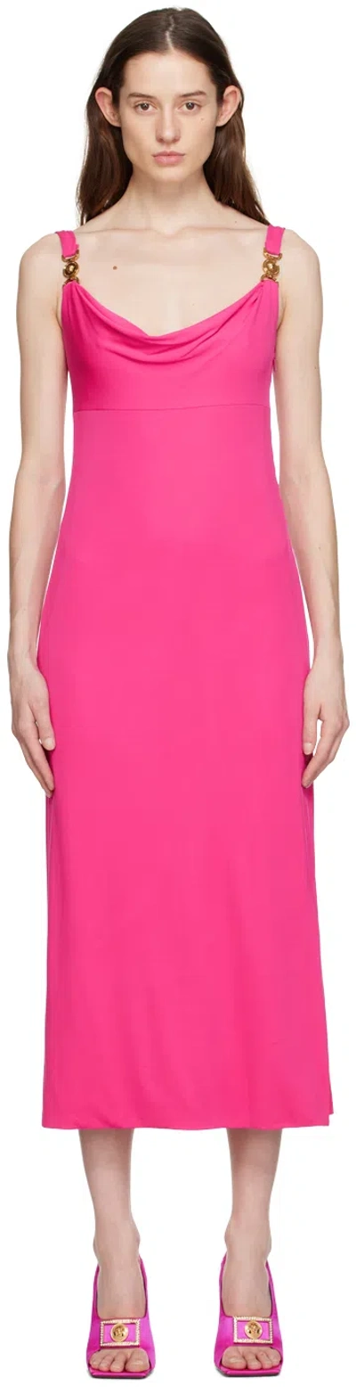 Versace Fuchsia Midi Dress With Medusa Plaque In Multicolor