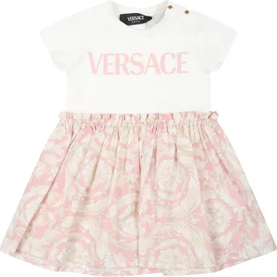 Versace Pink Dress For Baby Girl With Logo And Baroque Print