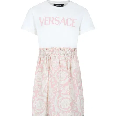 Versace Kids' Pink Dress For Girl With Logo And Baroque Print In White