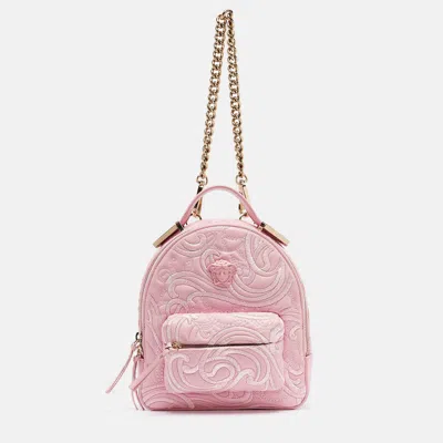 Pre-owned Versace Pink Embroidered Baroque Leather Mini Palazzo Backpack