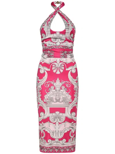 Versace Pink Fitted Midi Dress In Multi