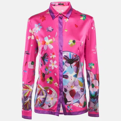 Pre-owned Versace Pink Floral Print Satin Long Sleeve Shirt M