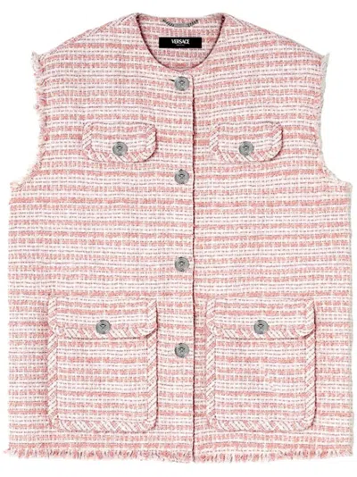 Versace Pink Frayed Tweed Waistcoat In Rosa E Bianco