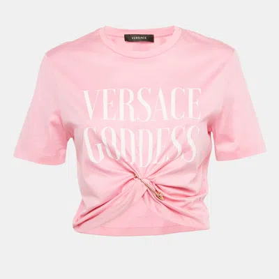 Pre-owned Versace Pink Goddess Print Cotton Knotted Crop Top S