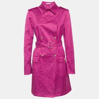 Versace Pink Greca Jacquard Belted Double Breasted Coat In Multi