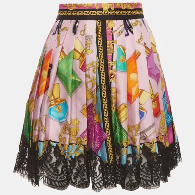 Pre-owned Versace Pink Heavenly Scents Print Silk Twill Pleated Mini Skirt S