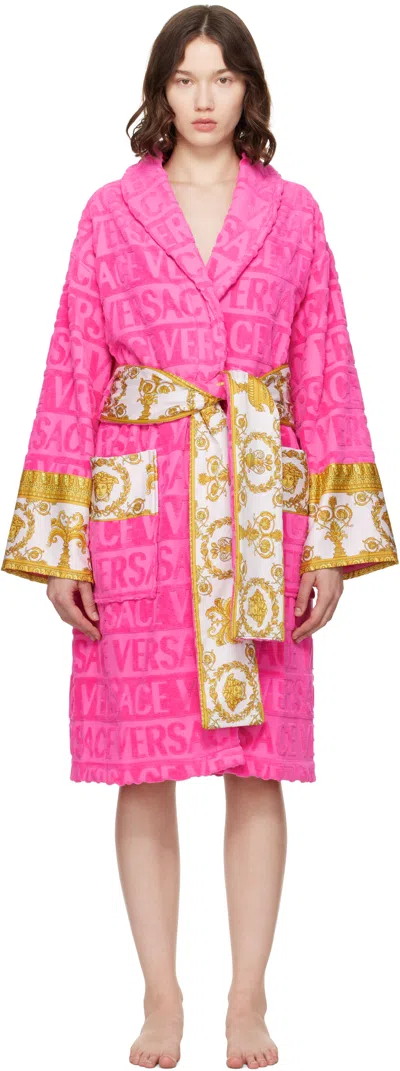 Versace I Heart Baroque Cotton Bath Robe In Pink