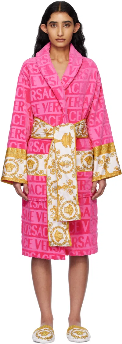 Versace I Heart Baroque Cotton Bath Robe In Pink