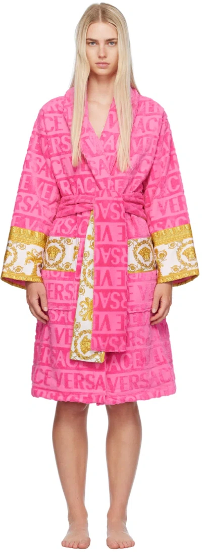 Versace I Heart Baroque Cotton Bath Robe In Pink