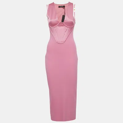 Pre-owned Versace Pink Jersey Medusa Strap Corset Midi Dress Xs