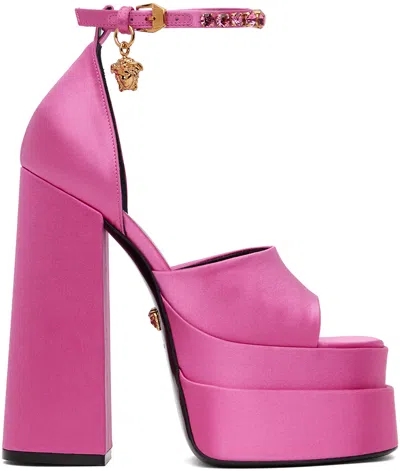 Versace Fuchsia Satin Medusa Aevitas Sandals In Pink