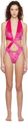 Versace Crossed Cutout Velour One Piece Swimsuit In 1pk30 Glossy Pink