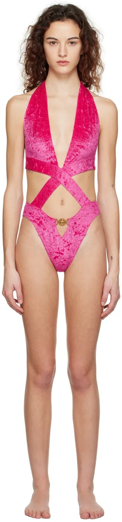 Versace Crossed Cutout Velour One Piece Swimsuit In Fuchsia