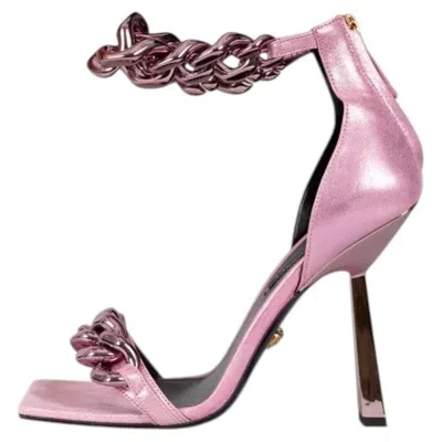 Pre-owned Versace Pink Medusa Textile Heeled Sandals 38.5