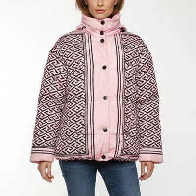 Pre-owned Versace Pink Monogram Nylon La Greca Puffer Jacket M