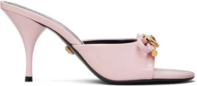 Versace Pink Opera Bow Patent Mule Heeled Sandals In Multi