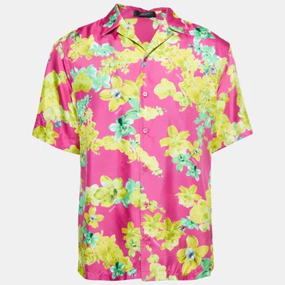 Pre-owned Versace Pink Orchid Print Silk Twill American Fit Shirt L
