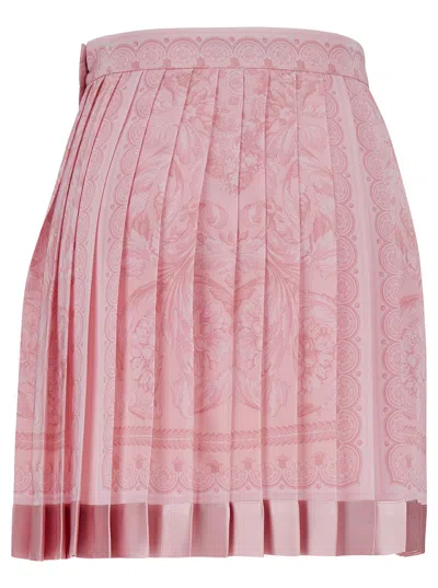 VERSACE VERSACE PINK PLEATED MINI SKIRT WITH BAROCCO MOTIF IN SILK WOMAN