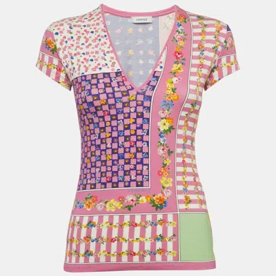 Pre-owned Versace Pink Printed Jersey V Neck T-shirt S