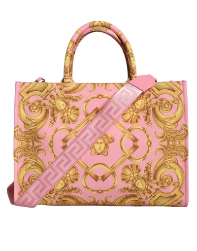 Versace Pink Printed Large Fabric Leather Shopping Tote Bag In Red