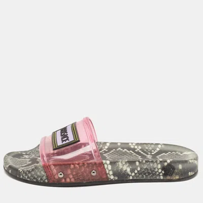 Pre-owned Versace Pink Pvc Logo Flat Slides Size 36