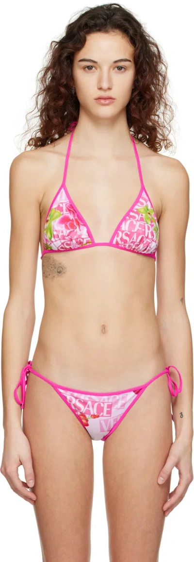 Versace Floral Logo-print Bikini Top In 5w020 White+pink