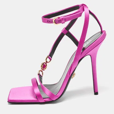 Versace Pink Satin Crystal Embellished Ankle Strap Sandals
