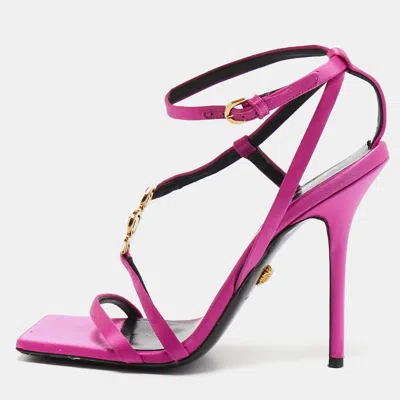 Pre-owned Versace Pink Satin Crystal Embellished Ankle Strap Sandals Size 40