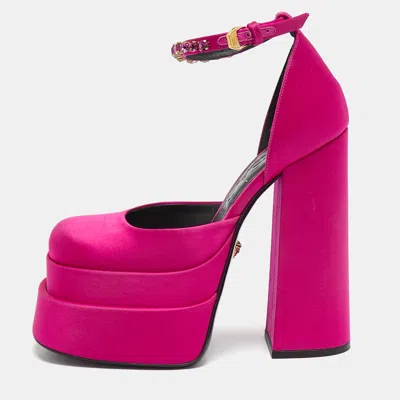 Pre-owned Versace Pink Satin Medusa Aevitas Double Platform Pumps Size 36