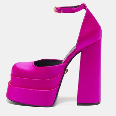 Pre-owned Versace Pink Satin Medusa Aevitas Platform Ankle Strap Pumps Size 37.5