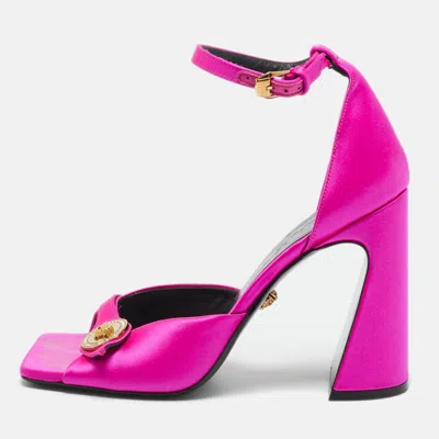 Versace Pink Satin Medusa Block Heel Ankle Strap Sandals