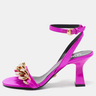 Pre-owned Versace Pink Satin Medusa Chain Ankle Strap Sandals Size 36