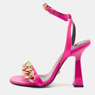 Pre-owned Versace Pink Satin Medusa Chain Ankle Strap Sandals Size 37