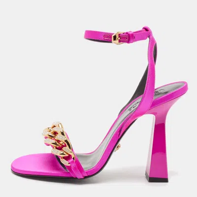 Pre-owned Versace Pink Satin Medusa Chain Ankle Strap Sandals Size 40